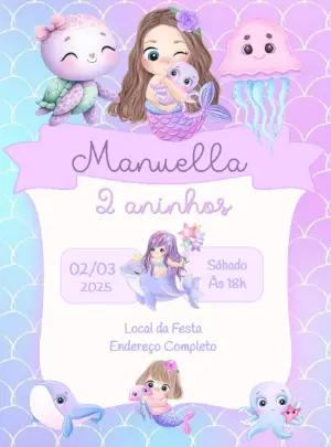 Convite Animado Aniversário Sereia Fofa para Editar Online
