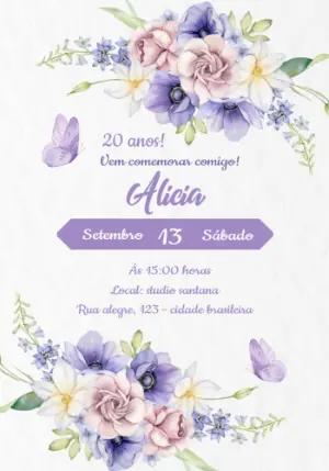 Convite de Aniversário Floral Lilás com Borboletas para Editar
