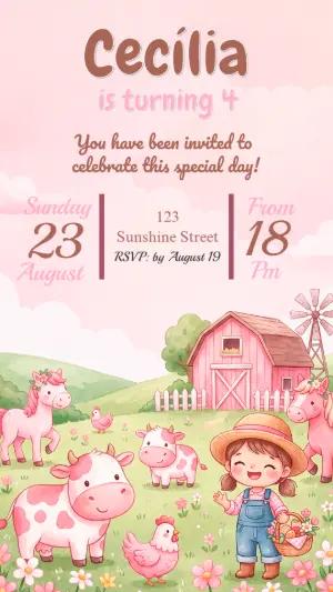 Pink Farm Birthday Party Editable Invitation