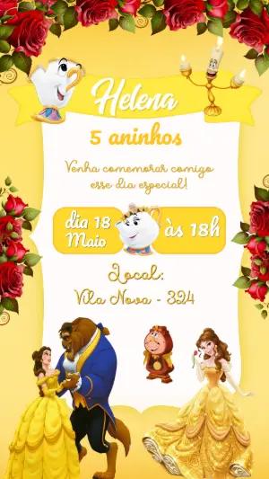 Convite de Aniversário A Bela e a Fera Dourado para Editar