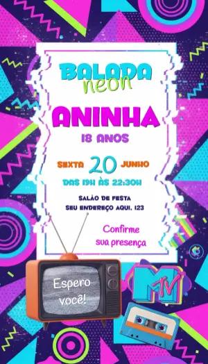 Convite de Aniversário Festa Neon Retrô para Editar Online
