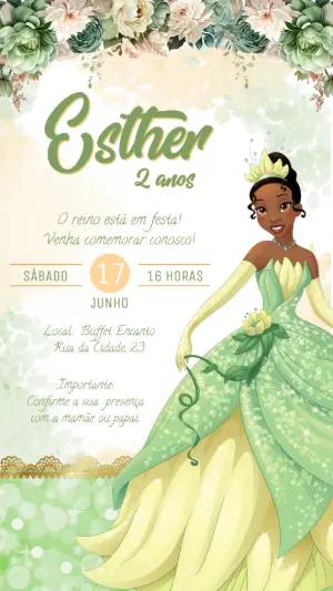 Convite Aniversário Princesa Tiana Floral para Editar Online