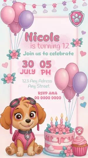 Pink Skye Patrol Birthday Invitation | Editable Template
