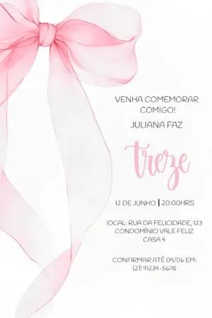 Convite Aniversário Laço Rosa Aquarela para Editar Online