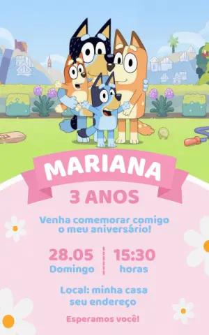 Convite Digital Aniversário Infantil Bluey Rosa Editável