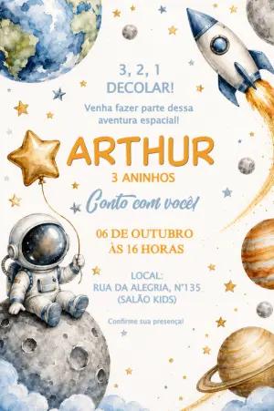 Convite de Aniversário Astronauta: Modelo Editável Aquarela