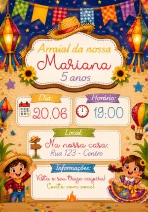 Convite de Aniversário Festa Junina Infantil Colorido para Editar