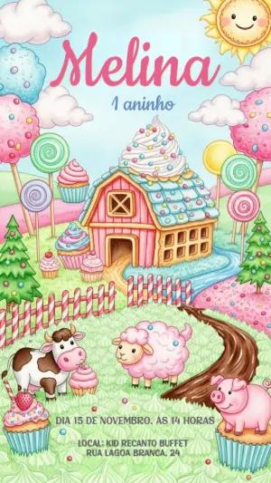 Convite de Aniversário Fazenda de Doces Editável Online