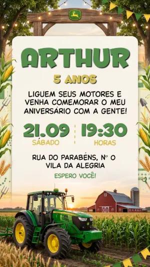 Convite de Aniversário Infantil Trator John Deere Editável