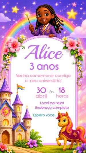 Convite de Aniversário Academia Unicórnio Mágico para Editar