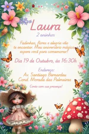 Convite Aniversário Jardim Encantado com Fada para Editar Online