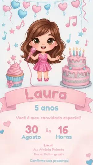 Convite Aniversário Menina Cantora Rosa e Azul Modelo Editável