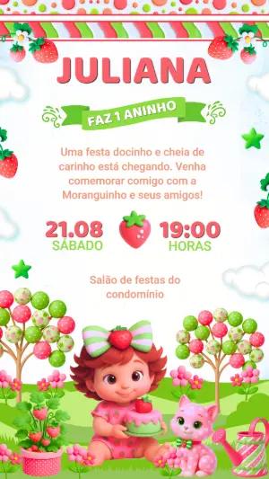 Convite Digital Aniversário Infantil Moranguinho Editável