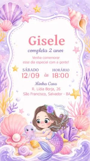 Convite de Aniversário Sereia Aquarela Editável