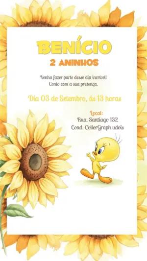 Convite Aniversário Piu Piu e Girassol para Editar Online