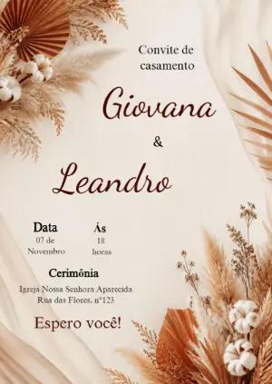 Convite de Casamento Boho Rústico Editável com Pampas
