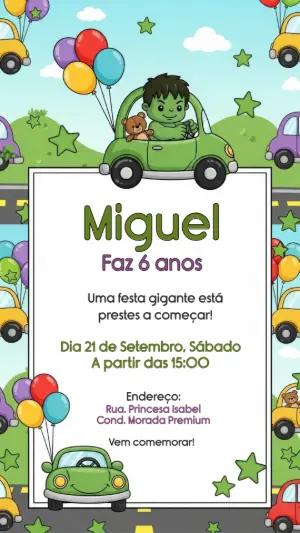 Convite Aniversário Incrível Hulk Carros para Editar Online