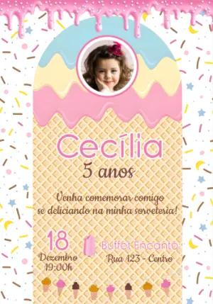 Convite de Aniversário Sorveteria Doce e Colorido para Editar