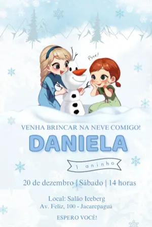 Convite Digital Tema Frozen Neve Editável para Menina