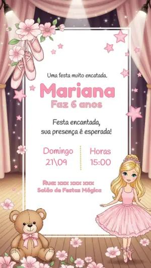 Convite de Aniversário Bailarina Delicado para Editar Online