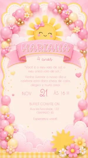 Convite de Aniversário Meu Raio de Sol Editável para Menina
