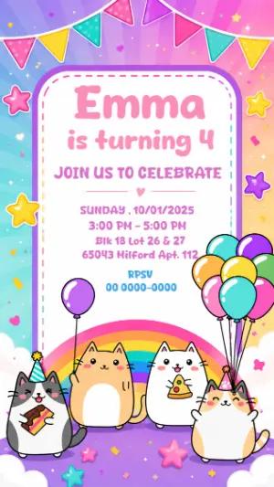 Cute Cat Rainbow Birthday Invitation Editable Template