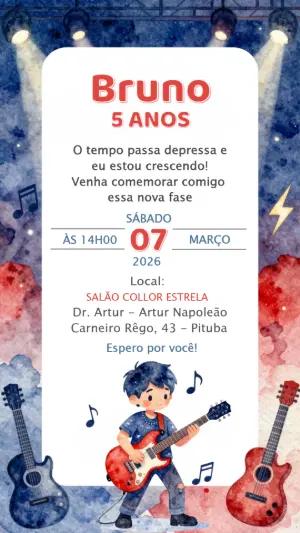 Convite de Aniversário Infantil Tema Rock Star Editável