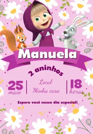 Convite Digital Masha e o Urso Rosa Floral para Editar
