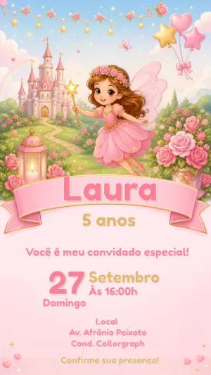 Convite de Aniversário Fadinha Rosa e Dourado Editável