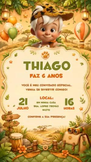 Convite de Aniversário Infantil Safari Menino das Cavernas Editável