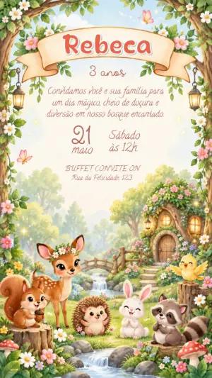 Convite de Aniversário Bosque Encantado Animais Fofos Editável