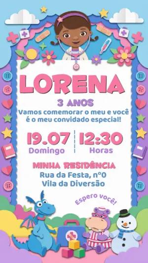 Convite de Aniversário Doutora Brinquedos Editável Estilo Papel