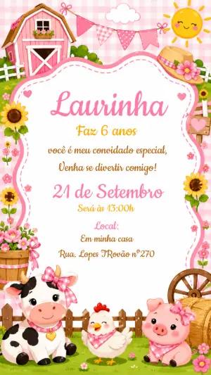 Convite de Aniversário Fazendinha Rosa para Menina Editável