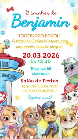 Convite de Aniversário Patrulha Canina Colorido para Editar