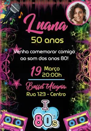 Convite Aniversário Anos 80 Neon com Foto para Editar