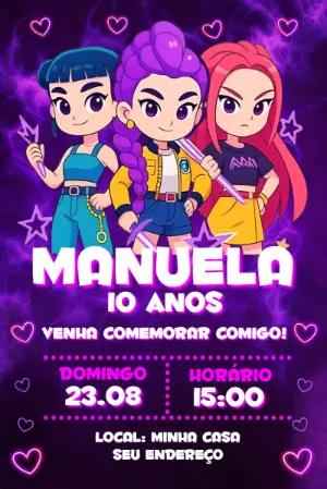 Convite de Aniversário K-pop Guerreiras Roxo para Editar