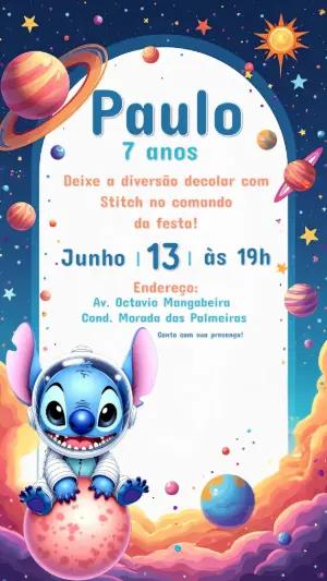 Convite Aniversário Stitch Astronauta para Editar Online