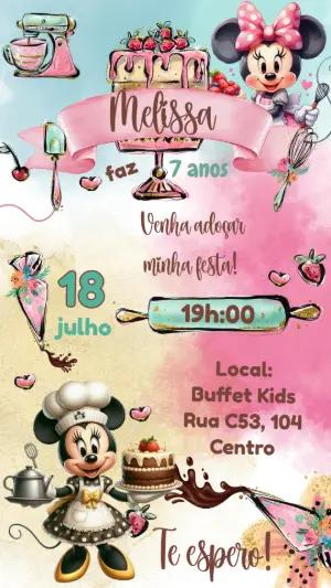 Convite Animado Minnie Mouse Confeiteira para Aniversário Editável