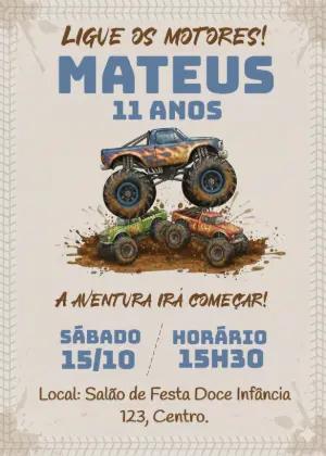 Convite de Aniversário Monster Truck Radical para Editar