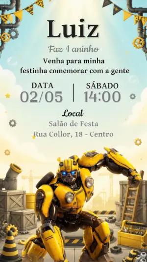 Convite de Aniversário Bumblebee Editável para Festa de Menino