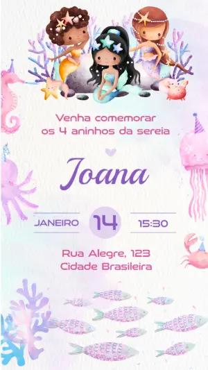Convite de Aniversário Sereia Aquarela para Editar Online