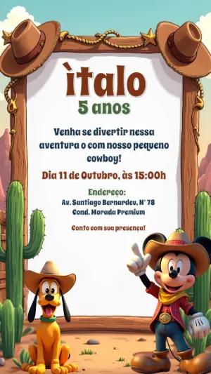 Convite de Aniversário Mickey Cowboy para Editar Online