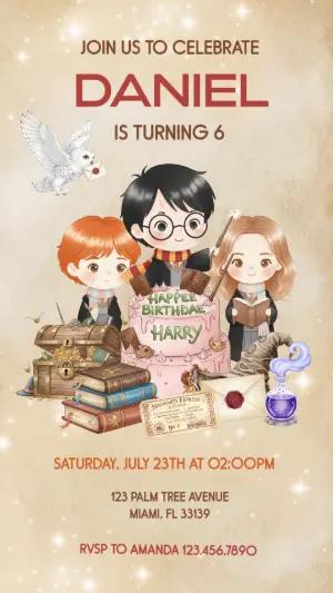 Editable Wizard Birthday Invitation with Cute Chibi Characters