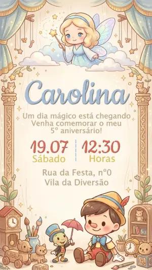 Convite Digital Aniversário Pinóquio Mágico para Editar