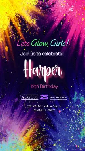 Editable Glow Party Birthday Invitation for Girls