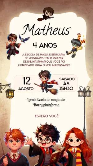 Convite de Aniversário Harry Potter Infantil Editável