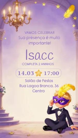 Convite Aniversário Baile de Máscaras Lilás e Dourado Editável