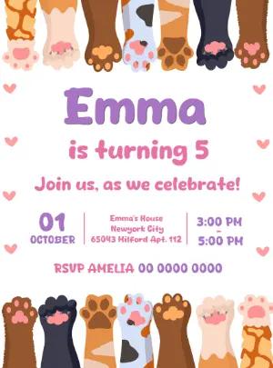Cute Cat Paws Birthday Invitation Editable Template