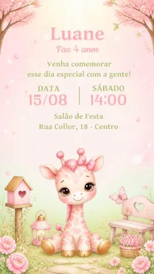 Convite de Aniversário Girafinha Rosa Editável