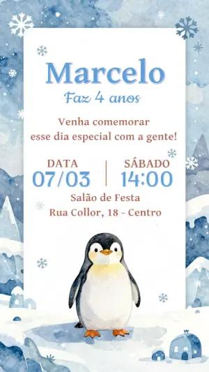 Convite de Aniversário Pinguim no Inverno Modelo Editável
